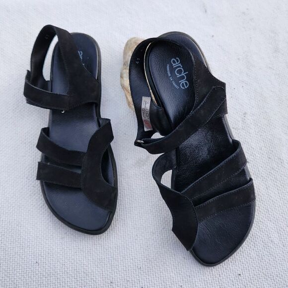 Arche strappy suede comfort sandals black - Picture 1 of 8
